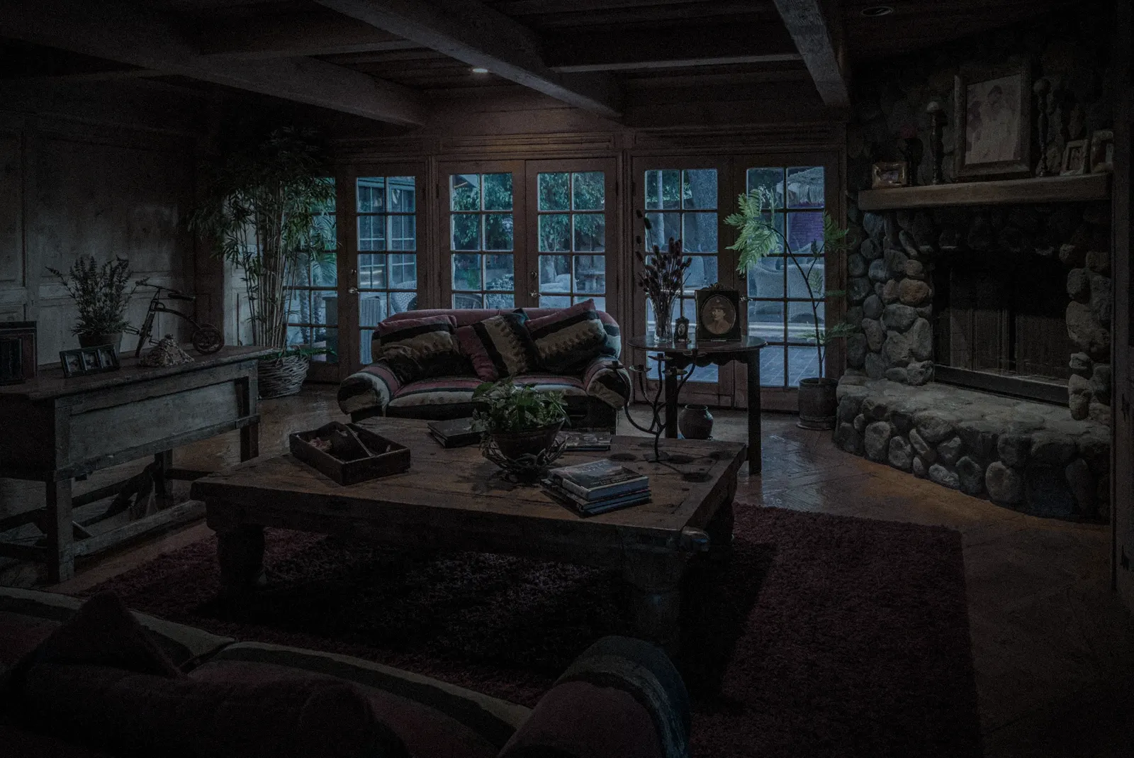 The Great Room at The Haunted Manor in near darkness